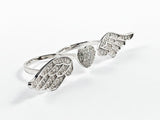 Unique Center Heart With Wings Pave Style CZ Two Finger Silver Ring