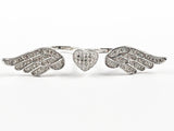 Unique Center Heart With Wings Pave Style CZ Two Finger Silver Ring