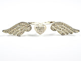 Unique Center Heart With Wings Pave Style CZ Gold Tone Two Finger Silver Ring