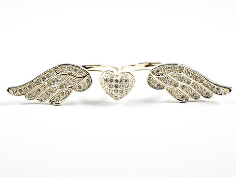Unique Center Heart With Wings Pave Style CZ Gold Tone Two Finger Silver Ring