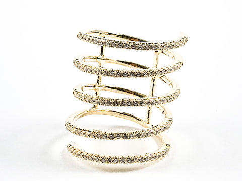 Elegant Open Swirl Design CZ Long Gold Tone Silver Ring