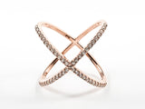 Elegant Large X Shape & Form Open CZ Pink Gold Tone Silver Ring