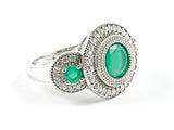 Beautiful Elegant Round Shape Sides & Center Jade Green CZ Trillion Style Design Silver Ring