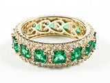 Elegant Vintage Green CZ Gold Tone Eternity Silver Band Ring