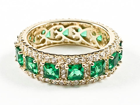 Elegant Vintage Green CZ Gold Tone Eternity Silver Band Ring