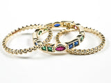 Elegant Set Of 3 Colorful CZ Eternity Band Gold Tone Silver Ring