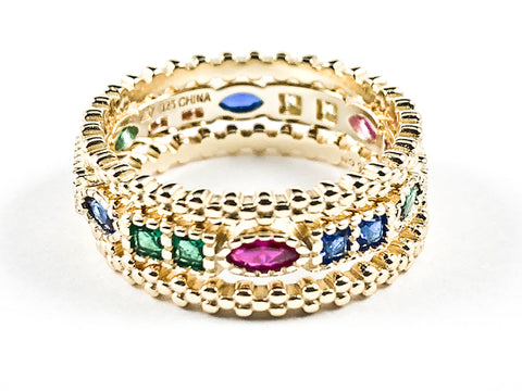 Elegant Set Of 3 Colorful CZ Eternity Band Gold Tone Silver Ring