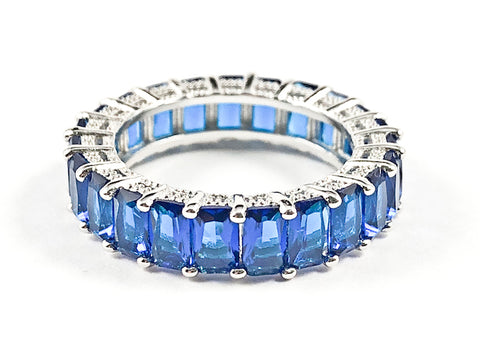 Beautiful Classic Large Rectangular Shape Sapphire Color CZ Eternity Silver Ring