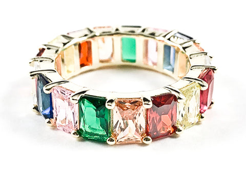 Beautiful Classic Large Rectangular Shape Multi Color CZ Gold Tone Eternity Silver Ring