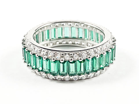 Elegant Middle Row Baguette Green Color CZ Eternity Silver Band Ring