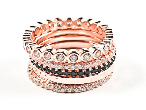 Elegant Five Piece Set Pink Gold Tone Eternity Band Silver Rings