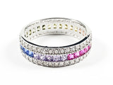 Elegant Multi Color CZ Center Row With Micro CZ Setting Eternity Silver Ring