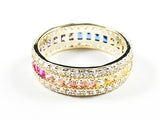 Elegant Multi Color CZ Center Row With Micro CZ Setting Eternity Gold Tone Silver Ring