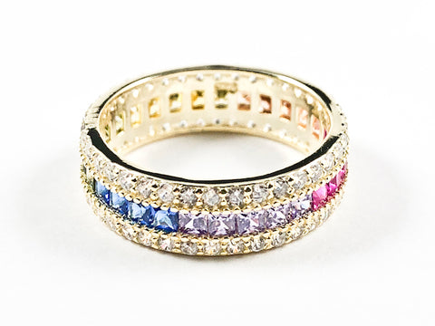 Elegant Multi Color CZ Center Row With Micro CZ Setting Eternity Gold Tone Silver Ring