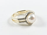 Classic Round Center Pearl With CZ Frame Two Layer Design Gold Tone Silver Ring