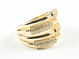 Beautiful Half Shiny Metallic Half Micro CZ Bar Design Pattern Thick Gold Tone Silver Ring