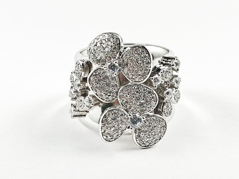 Elegant Unique Floral Burst Pave Style Design Silver Ring