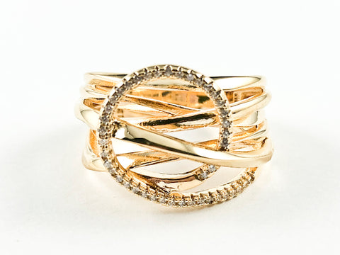 Elegant Multi Layer Crossover With Center CZ Circle Swirl Design Gold Tone Silver Ring