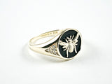 Cute Center Gold Tone Bee Black Enamel Round Shape Gold Tone Silver Ring