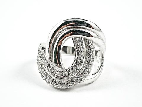 Elegant Swirl Style Half Shiny Metallic Half Micro CZ Design Silver Ring