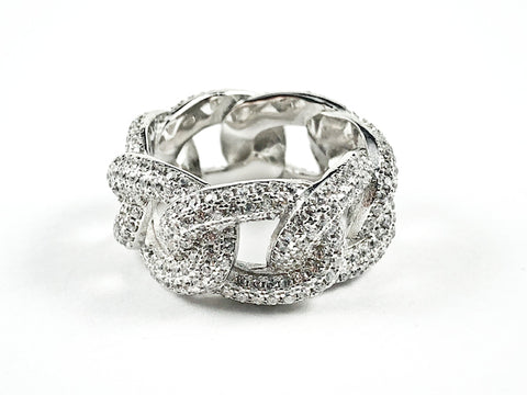 Elegant Chain Link Design Pave CZ Eternity Silver Band Ring