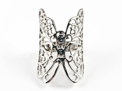 Beautiful Large Realistic Butterfly Design Shape Form Shiny Silver Ring