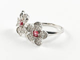 Elegant Cute Double Flower Micro CZ With Center Ruby Color CZ Silver Ring