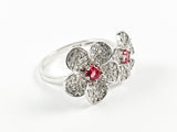 Elegant Cute Double Flower Micro CZ With Center Ruby Color CZ Silver Ring