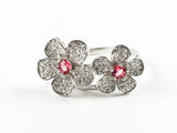 Elegant Cute Double Flower Micro CZ With Center Ruby Color CZ Silver Ring