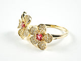 Elegant Cute Double Flower Micro CZ With Center Ruby Color CZ Gold Tone Silver Ring