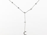 Elegant Dainty Moon & Bezel Stones Tie Bar Design Style Dangle Silve Necklace