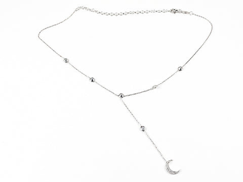 Elegant Dainty Moon & Bezel Stones Tie Bar Design Style Dangle Silve Necklace