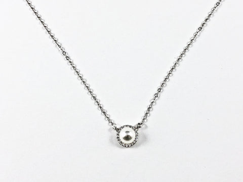 Classic Round Shape Fixed Position Pearl Charm CZ Silver Necklace