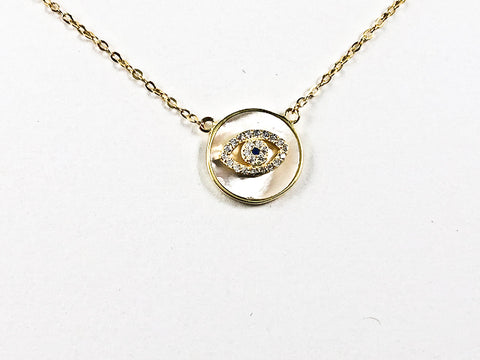 Nice Round Shape Evil Eye Round Mother Of Pearl Gold Tone CZ Silver Necklace