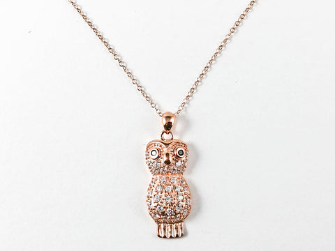 Unique Owl Design CZ Pink Gold Tone Silver Necklace