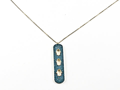 Unique Long Vertical Bar Triple Hamsa Hand Design Gold Tone Silver Necklace