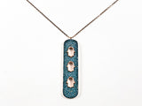 Unique Long Vertical Bar Triple Hamsa Hand Design Pink Gold Tone Silver Necklace