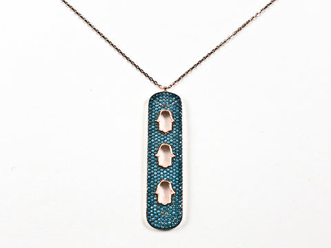 Unique Long Vertical Bar Triple Hamsa Hand Design Pink Gold Tone Silver Necklace