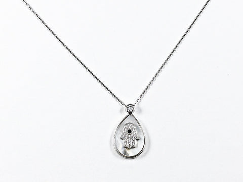 Nice Pear Shape Mother Of Pearl With Hamsa Hand Design Silver Necklace