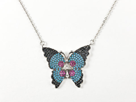 Cute Unique Colorful Micro CZ Butterfly Silver Necklace
