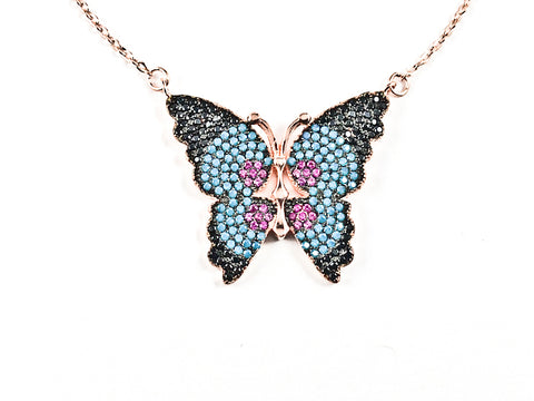 Cute Unique Colorful Micro CZ Butterfly Pink Gold Tone Silver Necklace