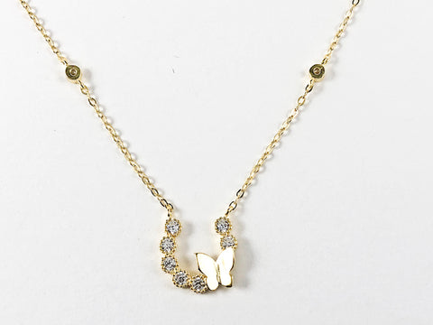Cute Dainty U Shape Bezel CZ With Butterfly Design Gold Tone Silver Necklace