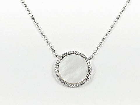 Beautiful Elegant Round Disc Center Mother Of Pearl CZ Frame Silver Necklace