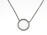 Beautiful Elegant Round Disc Center Mother Of Pearl CZ Frame Black Rhodium Tone Silver Necklace