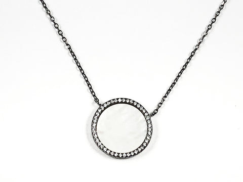 Beautiful Elegant Round Disc Center Mother Of Pearl CZ Frame Black Rhodium Tone Silver Necklace