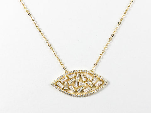 Elegant Eye Oval Shape Fine Baguette CZ Setting Gold Tone Silver Necklace