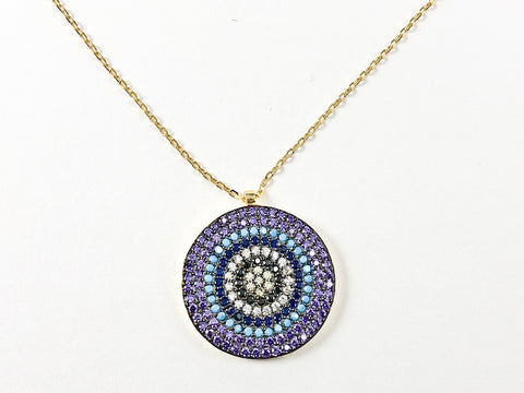 Modern Multi Row & Color Micro CZ Stones Circular Disc Silver Necklace