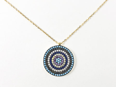 Modern Multi Row & Color Micro CZ Stones Circular Disc Gold Tone Silver Necklace