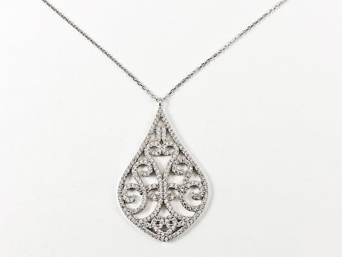 Fine Large Pear Shape Unique Tree Design CZ Silver Necklace