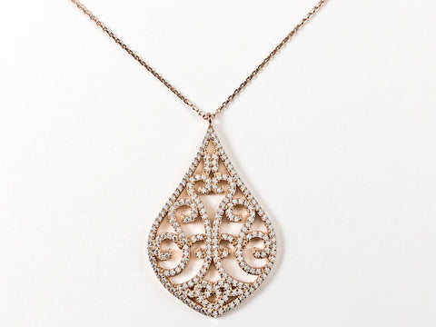 Fine Large Pear Shape Unique Tree Design CZ Pink Gold Tone Silver Necklace